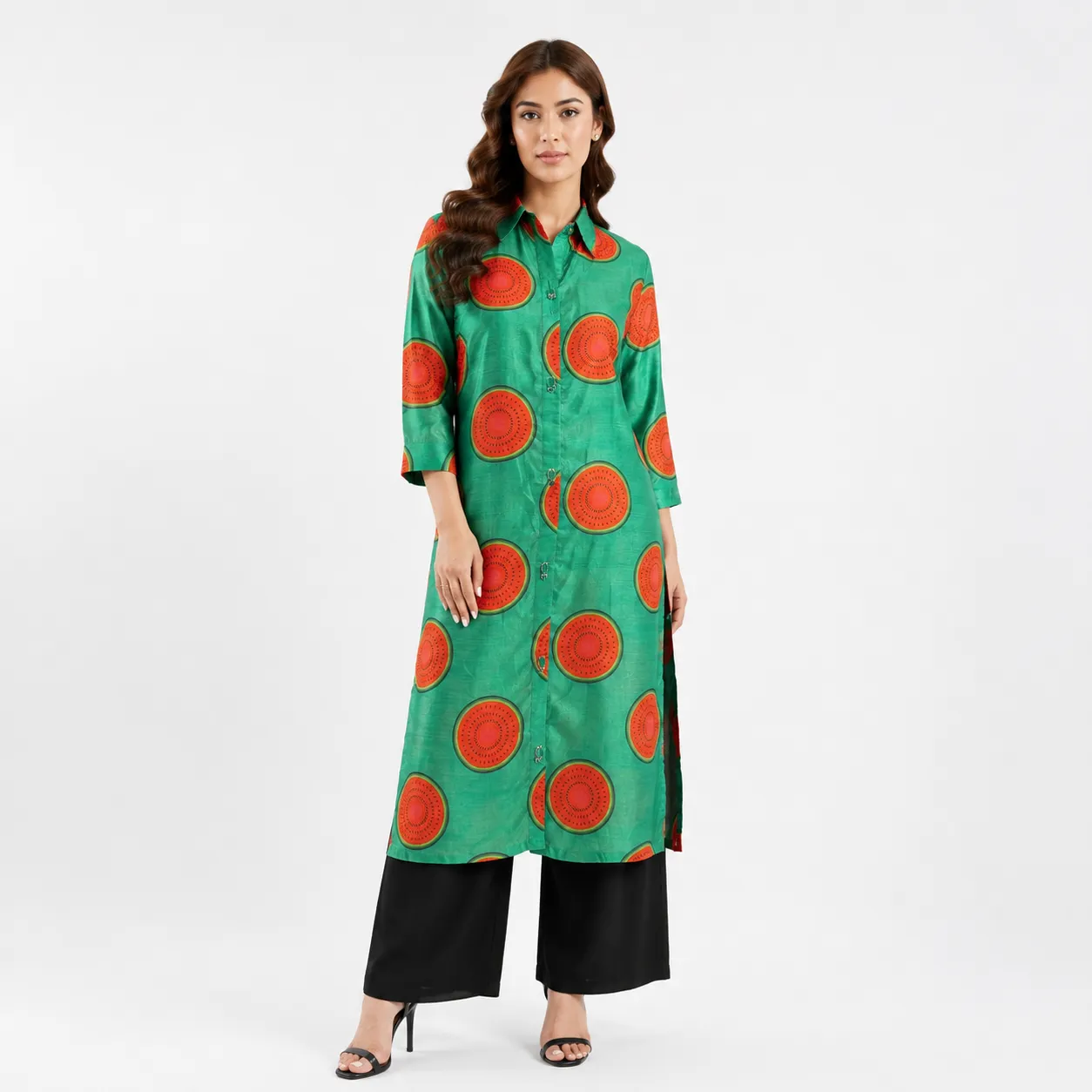 Women's Green Long Shirt with Bold Red Circle Print and Mandarin Collar